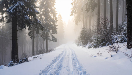 Snowy road in the winter forest. Beautiful winter landscape with treesの素材