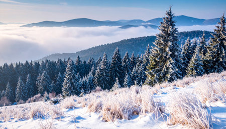 Foggy winter morning in the Carpathian mountains, Ukraineの素材