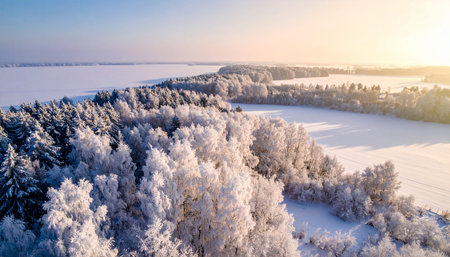 Aerial view of winter forest covered with snow at sunset. Beautiful winter landscape.の素材