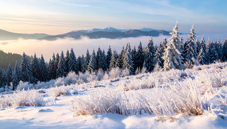 Fantastic winter landscape. Dramatic wintry scene. Carpathian, Ukraine, Europe. Beauty world.の素材