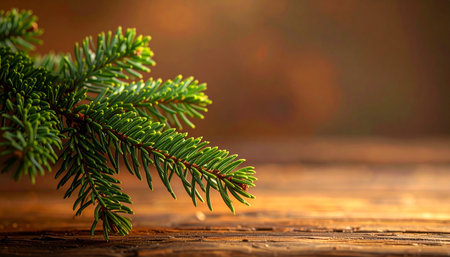 Christmas tree branch on wooden background with copy space for your text.の素材