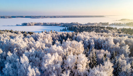 Aerial view of winter forest and lake covered with hoarfrostの素材