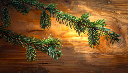 Fir tree branch on a wooden background. Christmas and New Year concept.の素材