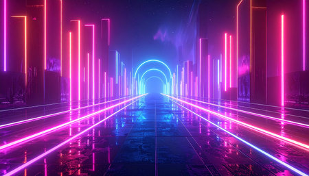 3d render, abstract background with glowing neon lines, futuristic corridorの素材