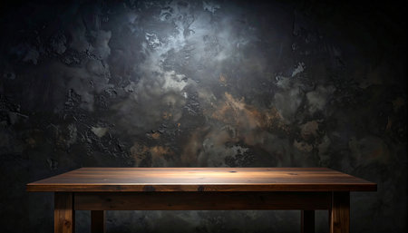 Empty wooden table in front of dark grunge background. For product displayの素材