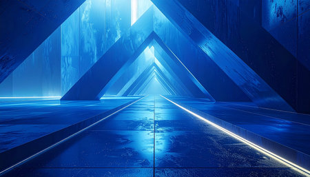 3D rendering of a futuristic corridor with neon lights and reflections.の素材