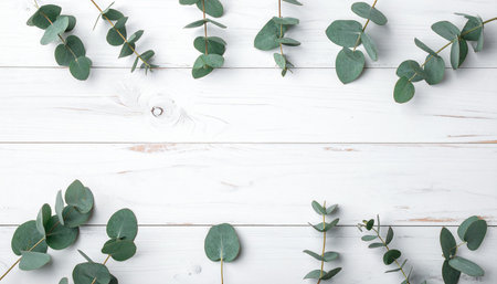 Eucalyptus branches on white wooden background. Flat lay, top view.の素材