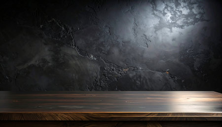Empty wooden table and dark grunge wall background. For product displayの素材