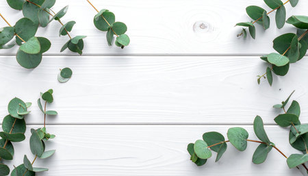 Eucalyptus leaves on white wooden background. Flat lay, top viewの素材