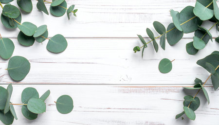 Eucalyptus leaves on white wooden background. Flat lay, top view.の素材