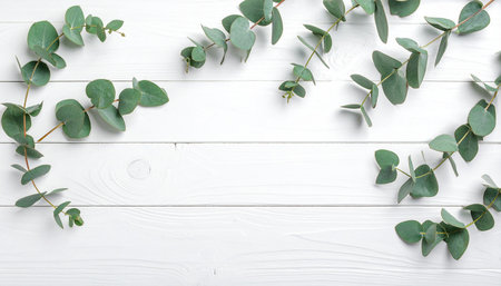 Eucalyptus branches on white wooden background, flat lay. Space for textの素材