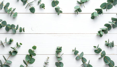 Eucalyptus branches on white wooden background. Flat lay, top view.の素材