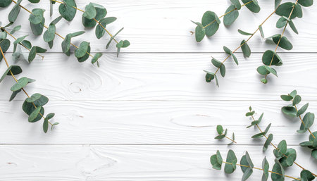 Eucalyptus branches on white wooden background. Flat lay, top view.の素材