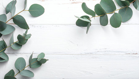 Eucalyptus branches on white wooden background, flat layの素材