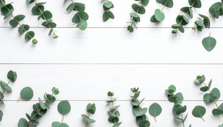 Eucalyptus leaves on white wooden background. Flat lay, top viewの素材