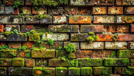 Old brick wall with moss and lichen. Abstract background for design.の素材