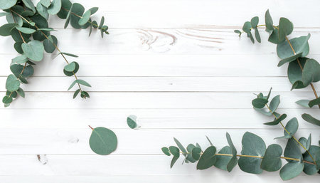 Eucalyptus branches on white wooden background. Flat lay, top view.の素材