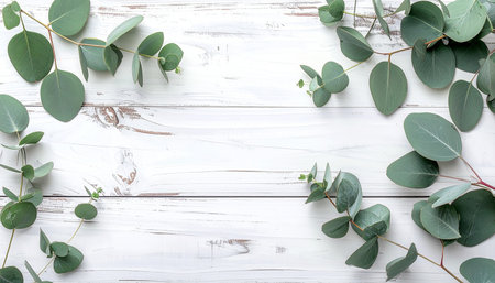Eucalyptus and eucalyptus branches on white wooden backgroundの素材