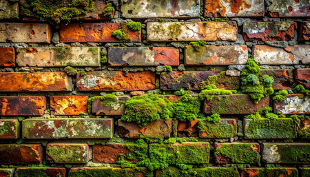 Old brick wall with green moss. Old brick wall texture background.の素材