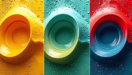 Colorful plastic cups with water drops on colorful background, top viewの素材