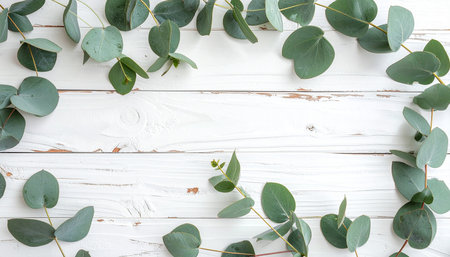 Eucalyptus branches on white wooden background. Flat lay, top viewの素材