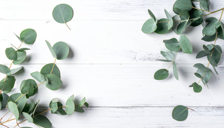 Eucalyptus leaves on white wooden background, flat layの素材