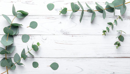 Eucalyptus branches on white wooden background, flat layの素材
