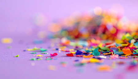 Colorful confetti on a purple background. Shallow depth of fieldの素材