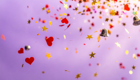 Valentine's day concept. Golden and red hearts confetti on purple background.の素材