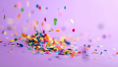 Colorful confetti on a violet background. Shallow depth of field.の素材