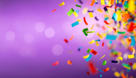 Colorful confetti on a purple background. Festive background.の素材