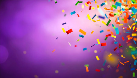 Colorful confetti on purple background with bokeh effect.の素材