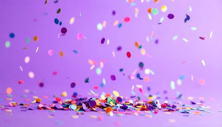 Colorful confetti on a violet background. Festive background.の素材