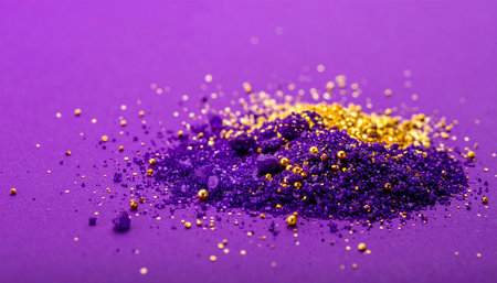 Purple and gold glitter on a purple background. Close up.の素材