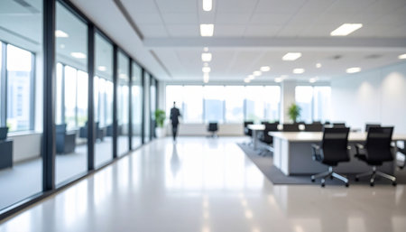 Blurred image of modern office interior with people walking in the corridorの素材
