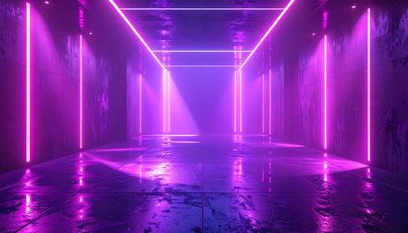 Futuristic corridor with neon lights. 3d rendering. Computer digital drawing.の素材