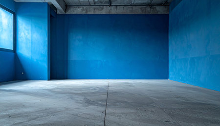 Empty room with blue wall and concrete floor. 3d rendering.の素材