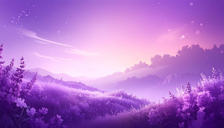 Lavender meadow landscape with purple sky and clouds. Vector illustration.の素材