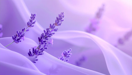 Lavender flowers on purple satin background with copy space.の素材