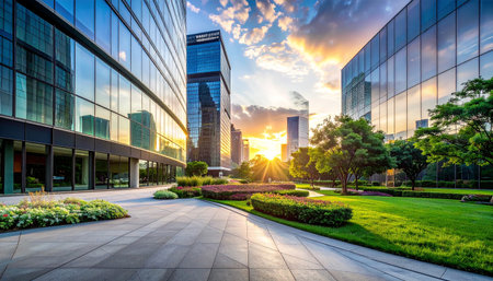 modern office buildings in shanghai,china at sunset.の素材