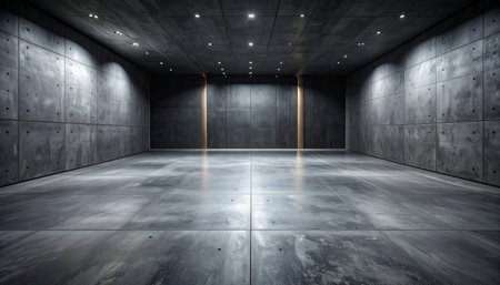 3D rendering of a dark room with concrete walls and floor.の素材