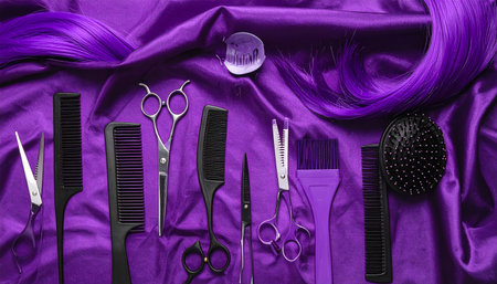 Professional hairdresser tools on purple fabric background, top viewの素材