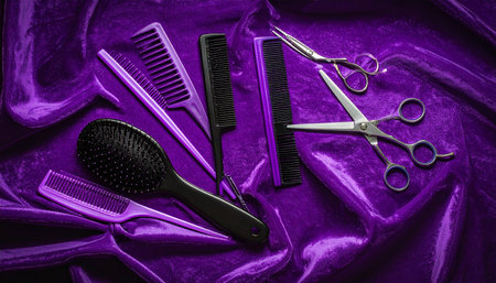 Hairdresser tools on purple fabric background, close-upの素材