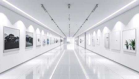 Interior of empty gallery with white walls and white tiled floorの素材