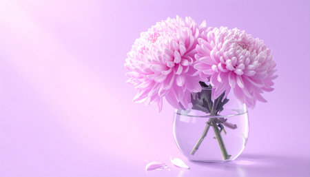 Pink chrysanthemum in a vase on a purple backgroundの素材