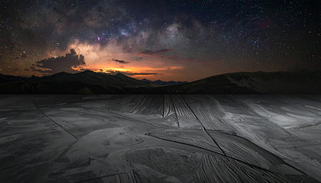 Milky way and snow field in the mountains with starry skyの素材