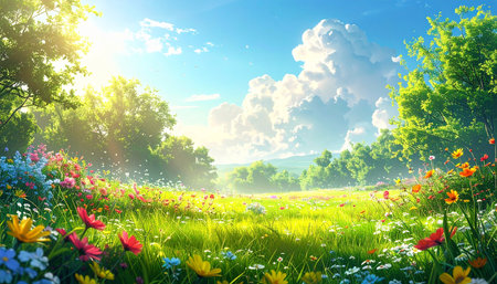 Spring meadow with colorful flowers and blue sky with white clouds.の素材