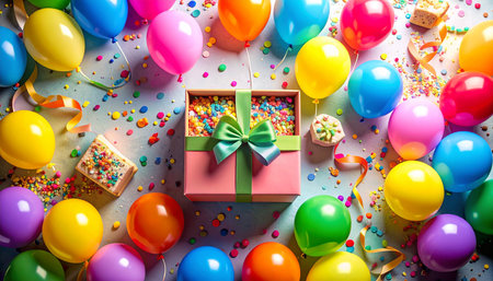 Gift box with colorful balloons and confetti on a white backgroundの素材