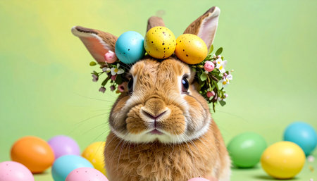 Easter bunny with colorful eggs and wreath on green background.の素材