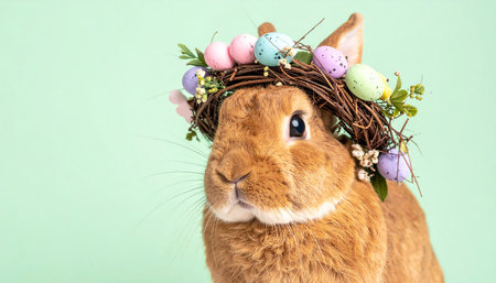 Easter bunny in a wreath of flowers on a green backgroundの素材